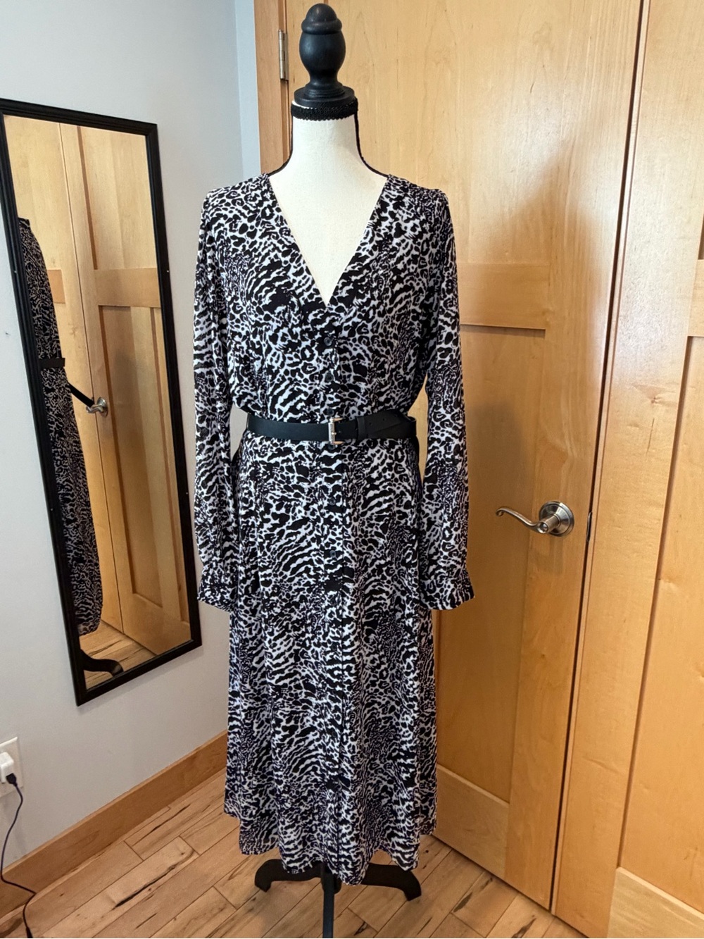 MICHAEL Michael Kors Black and White Animal-Print Long-Sleeve “Kate” Wrap Dress